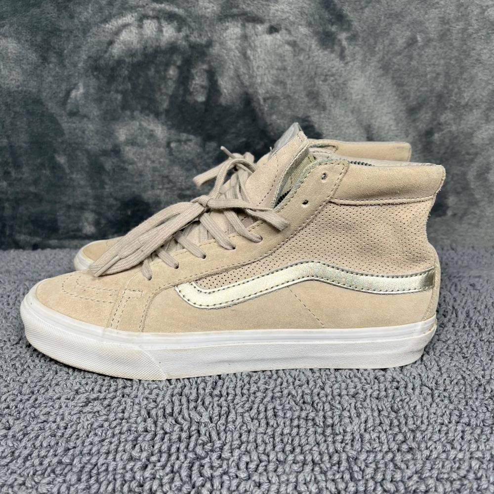 Vans Sk8-Hi Slim Beige Tan Suede Metallic Silver Stripe High Top Sneakers 8.0